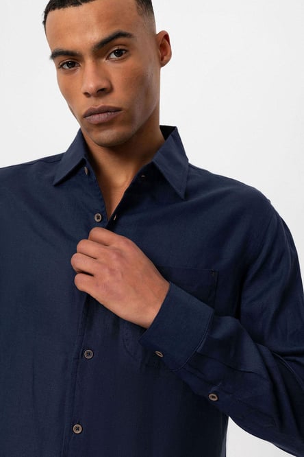 Antioch Navy Blue 100% Linen Long Sleeve Men's Shirt