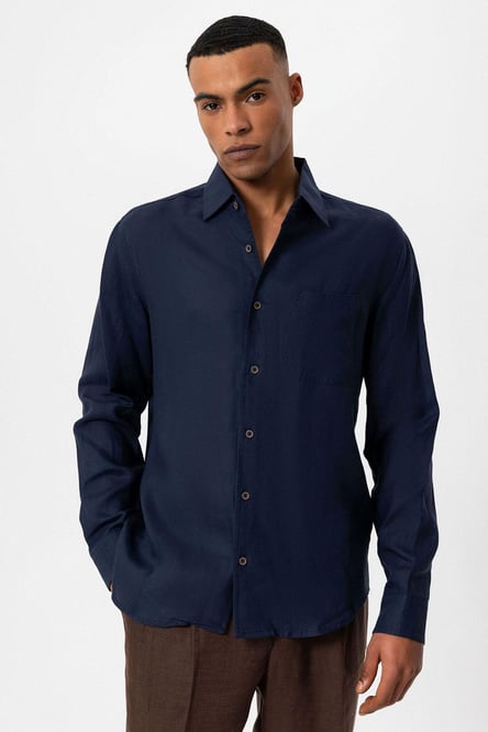 Antioch Navy Blue 100% Linen Long Sleeve Men's Shirt