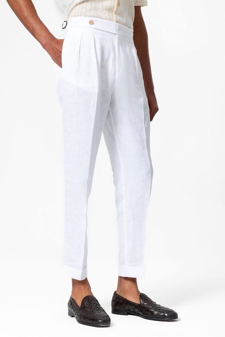 White 100% Linen High Waist Pleated Men's Trousers