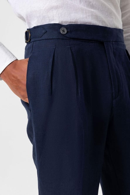 Navy Blue 100% Linen High Waist Pleated Men's Trousers