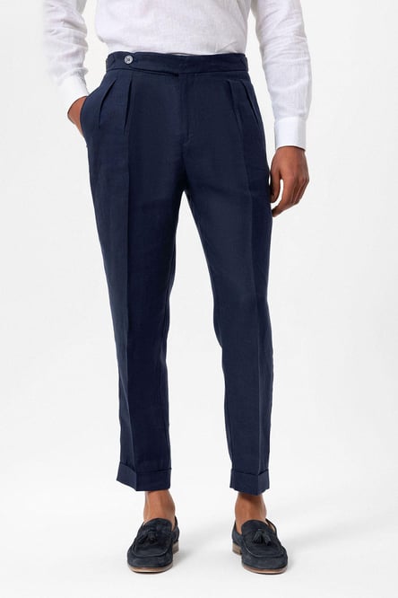 Navy Blue 100% Linen High Waist Pleated Men's Trousers