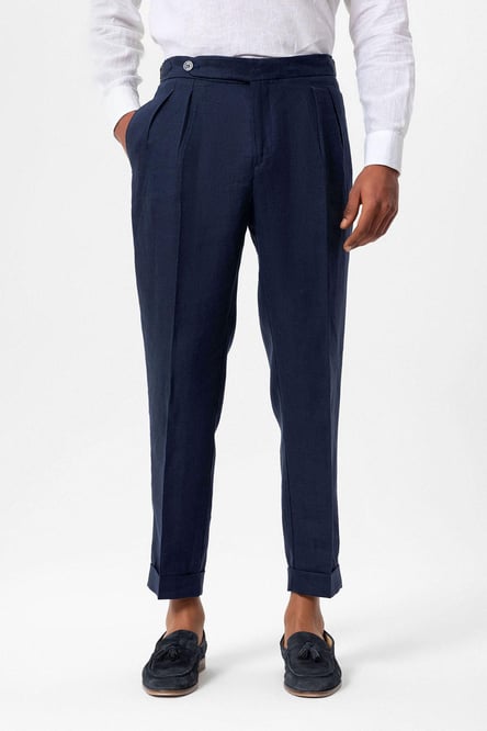 Navy Blue 100% Linen High Waist Pleated Men's Trousers