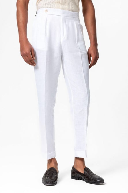 White 100% Linen High Waist Pleated Men's Trousers