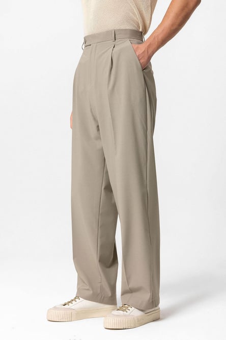 Light Khaki Baggy High Waist Men's Fabric Trousers