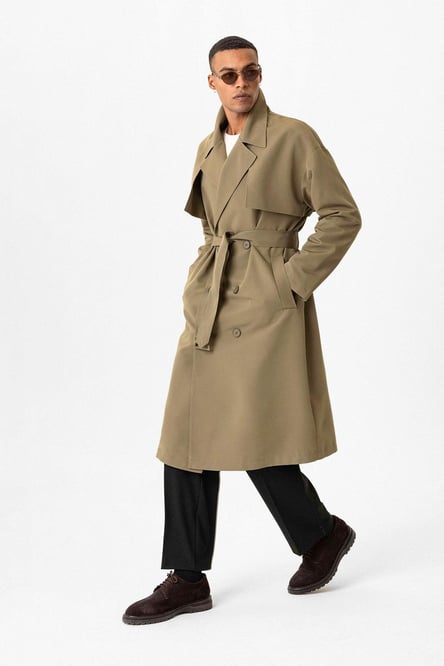 Light Khaki Double Breasted Closure Belted Trench Coat