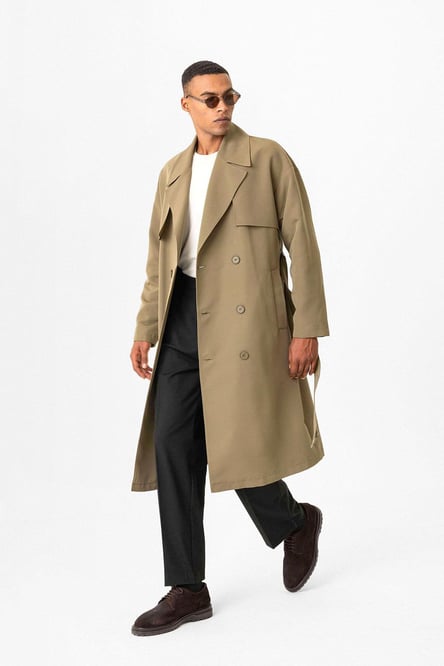 Light Khaki Double Breasted Closure Belted Trench Coat