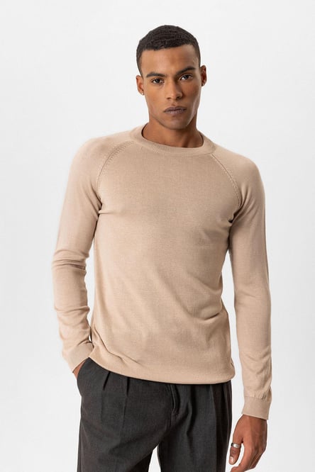 Beige Crew Neck Slim Fit Knitwear Sweater