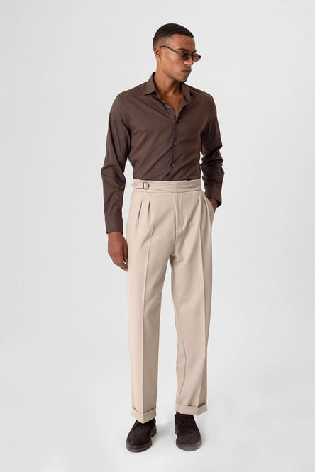 Beige Buckle Detailed Pleated High Waist Men's Trousers