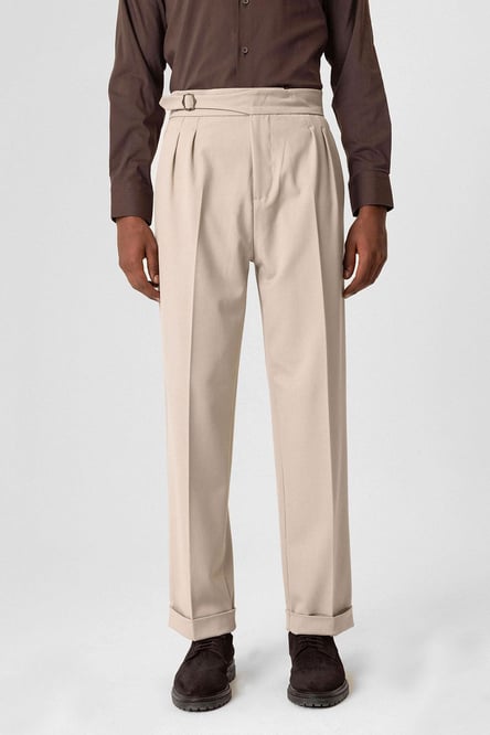 Beige Buckle Detailed Pleated High Waist Men's Trousers