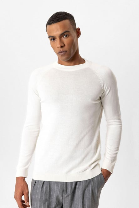 Ecru Crew Neck Slim Fit Knitwear Sweater