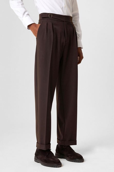 Brown Buckle Detailed Pleated High Waist Men's Trousers