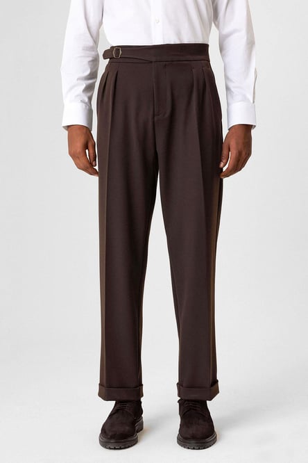 Brown Buckle Detailed Pleated High Waist Men's Trousers