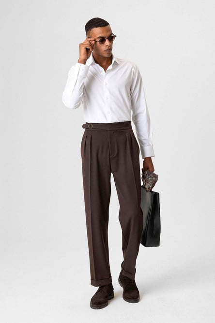 Brown Buckle Detailed Pleated High Waist Men's Trousers