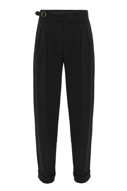 Black Buckle Detailed Pleated High Waist Men's Trousers