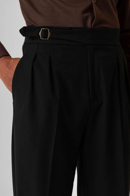 Black Buckle Detailed Pleated High Waist Men's Trousers