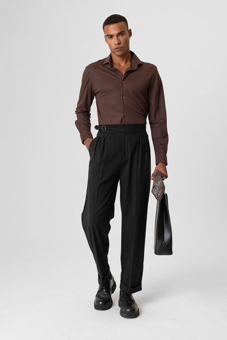 Black Buckle Detailed Pleated High Waist Men's Trousers