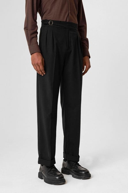 Black Buckle Detailed Pleated High Waist Men's Trousers