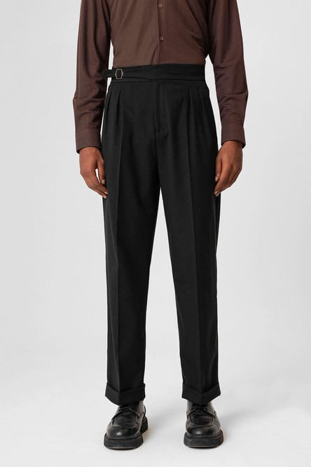 Black Buckle Detailed Pleated High Waist Men's Trousers