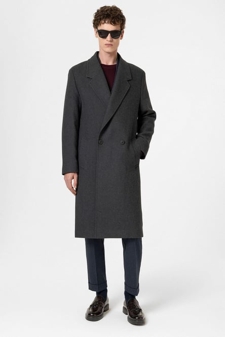 Anthracite Wool Blend Herringbone Double Breasted Men's Coat