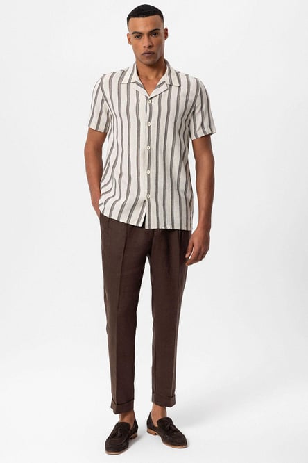 Antioch Brown Open Collar Striped Men's Shirt