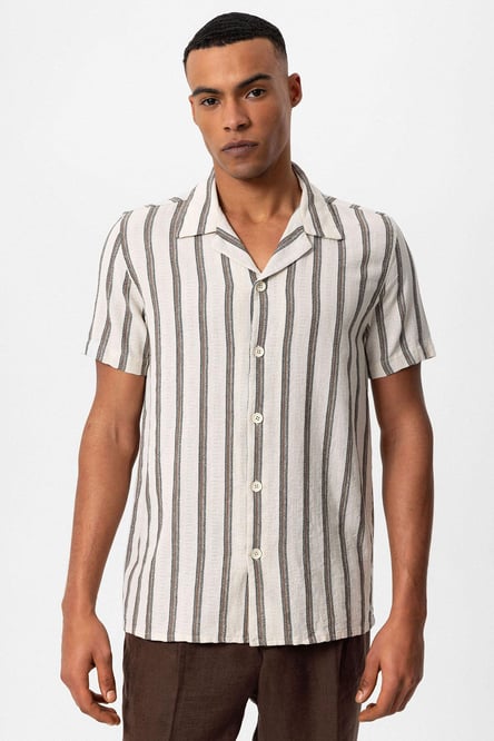 Antioch Brown Open Collar Striped Men's Shirt