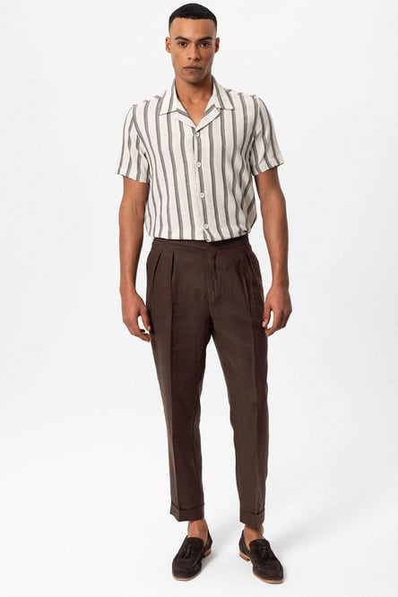 Antioch Brown Open Collar Striped Men's Shirt