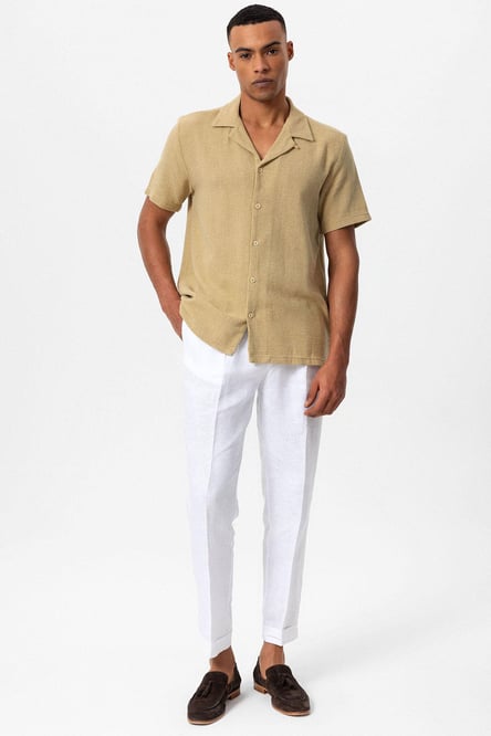 Antioch Beige Open Collar Knitted Textured Men's Shirt