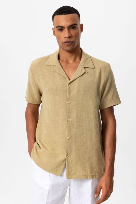 Antioch Beige Open Collar Knitted Textured Men's Shirt