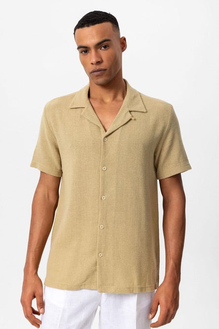 Antioch Beige Open Collar Knitted Textured Men's Shirt