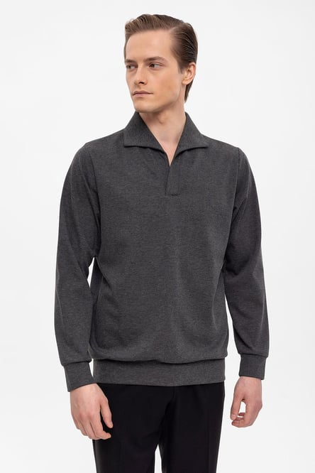 Antioch Anthracite Open Neck Regular Fit Long Sleeve Sweater