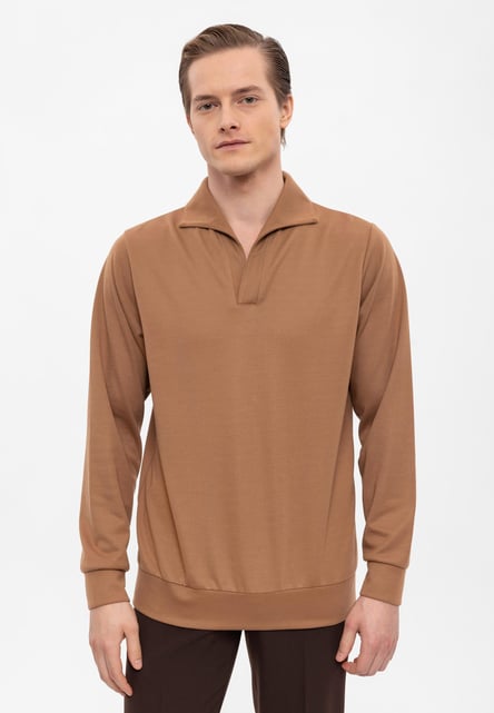 Antioch Brown Open Neck Regular Fit Long Sleeve Sweater