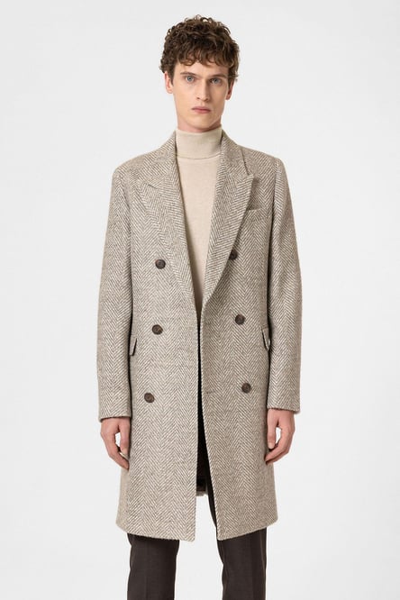 Beige Herringbone Patterned Men's Coat