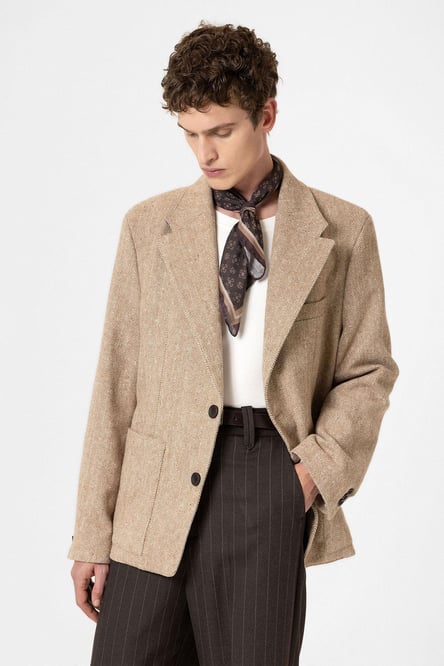 Beige Herringbone Patterned Oversize Men's Blazer Jacket