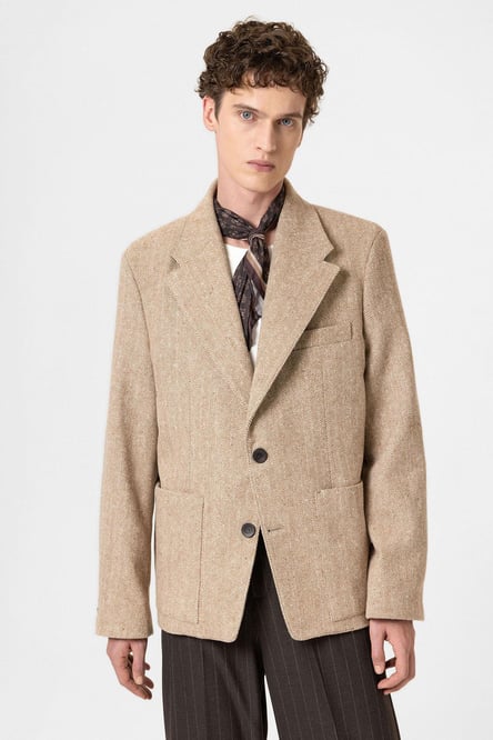 Beige Herringbone Patterned Oversize Men's Blazer Jacket