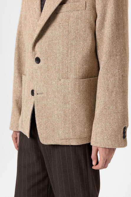 Beige Herringbone Patterned Oversize Men's Blazer Jacket