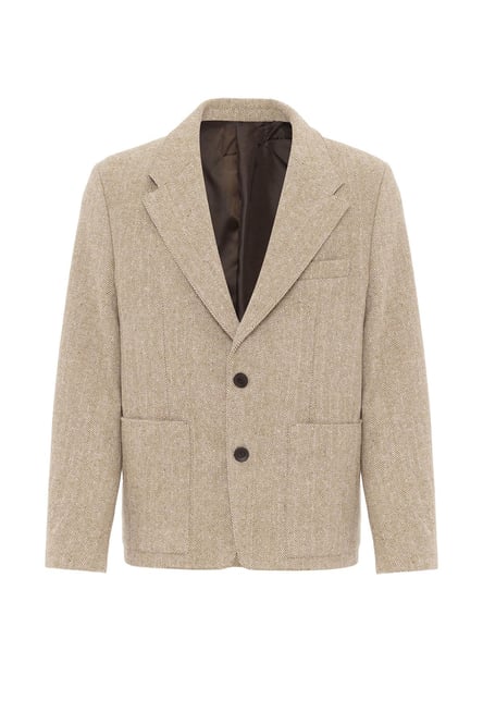 Beige Herringbone Patterned Oversize Men's Blazer Jacket