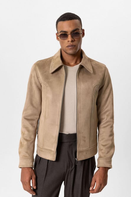 Beige Crop Fit Suede Men's Coat