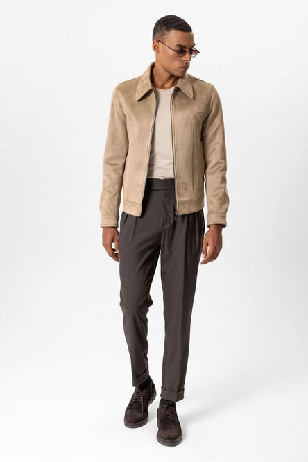 Beige Crop Fit Suede Men's Coat