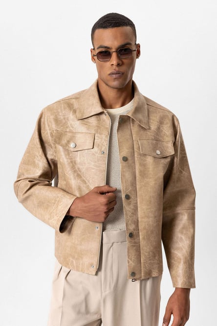 Beige Crop Fit Faux Leather Men's Coat