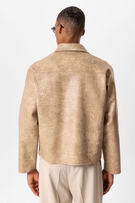 Beige Crop Fit Faux Leather Men's Coat