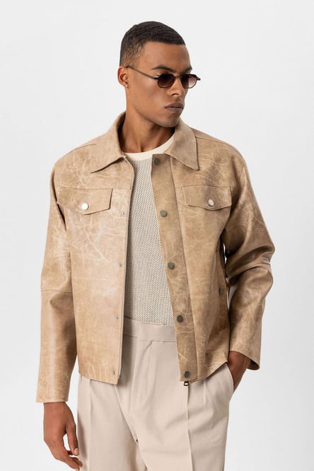 Beige Crop Fit Faux Leather Men's Coat