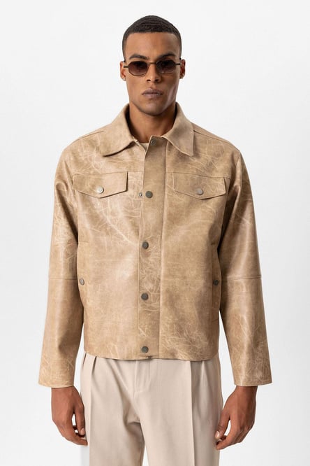 Beige Crop Fit Faux Leather Men's Coat