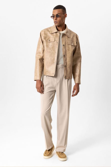 Beige Crop Fit Faux Leather Men's Coat