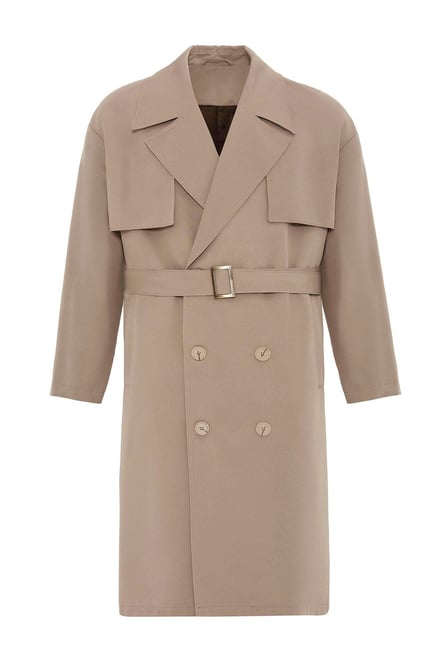 Gray Double Breasted Closure Belted Trench Coat