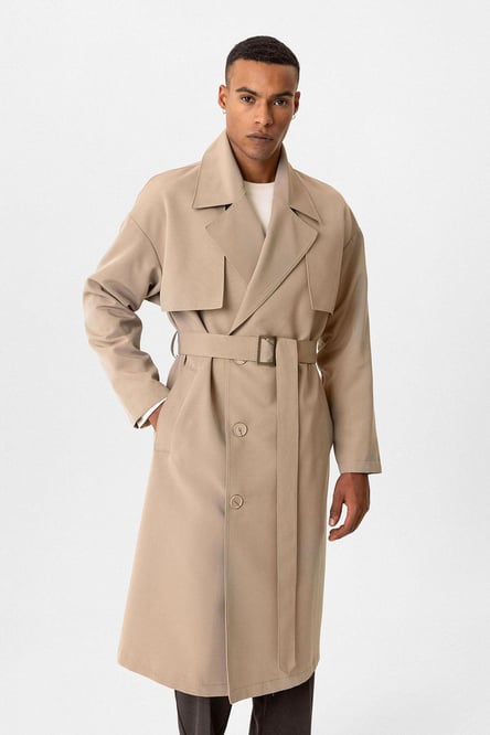 Gray Double Breasted Closure Belted Trench Coat