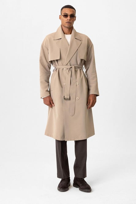 Gray Double Breasted Closure Belted Trench Coat