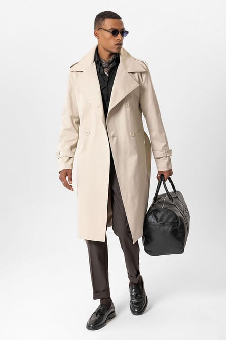 Beige Double Breasted Long Men's Trench Coat