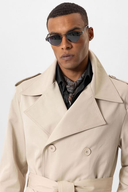 Beige Double Breasted Long Men's Trench Coat