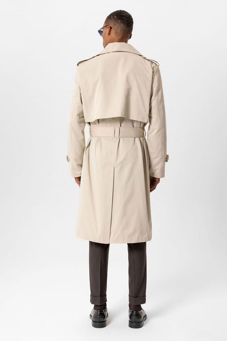 Beige Double Breasted Long Men's Trench Coat