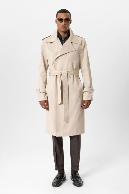 Beige Double Breasted Long Men's Trench Coat